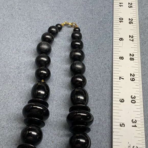 Vintage Chunky Beaded Necklace 21 In Black Gold Faceted Fluted Oval Geometric - Picture 7 of 7